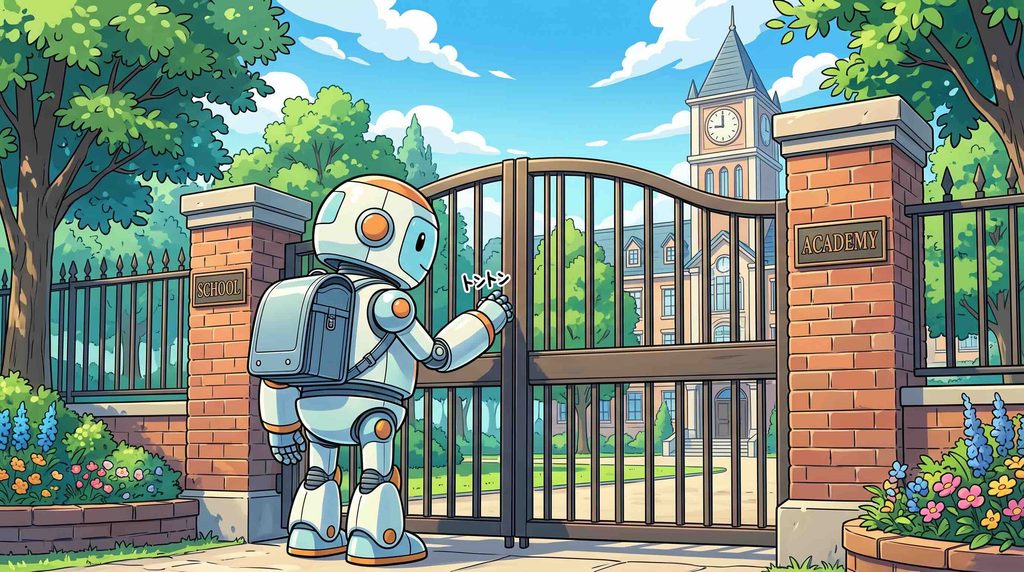 私のおすすめ生成AIスクールBEST3のスクールに行くロボット