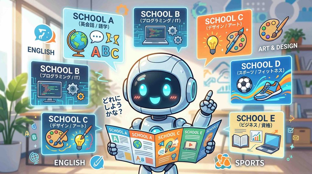 各生成AIスクールを比較しているロボット
