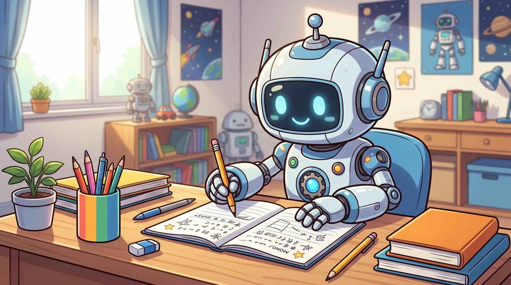 noteを用いて生成AIスクールの口コミを調べいるロボット
