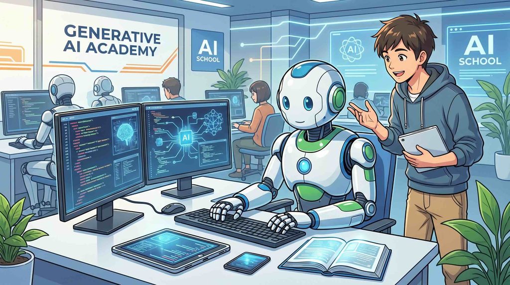 私が経験したことのある生成AIスクールの感想を述べるロボット